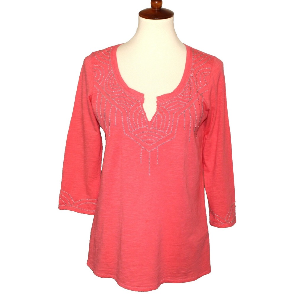 Lucky Brand Women M Top T-Shirt Pink Knit 3/4 Sleeve Embellished Beaded